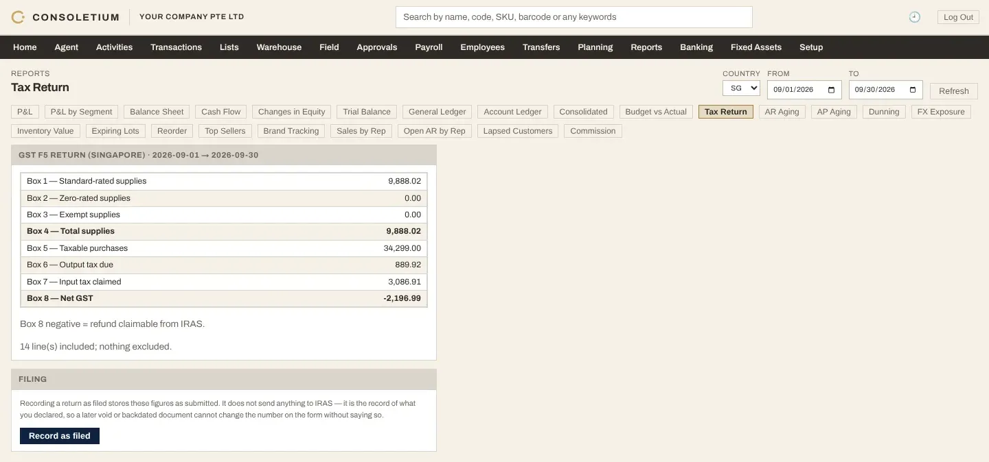 GST F5 return for Singapore, box by box, with net GST and a record-as-filed button