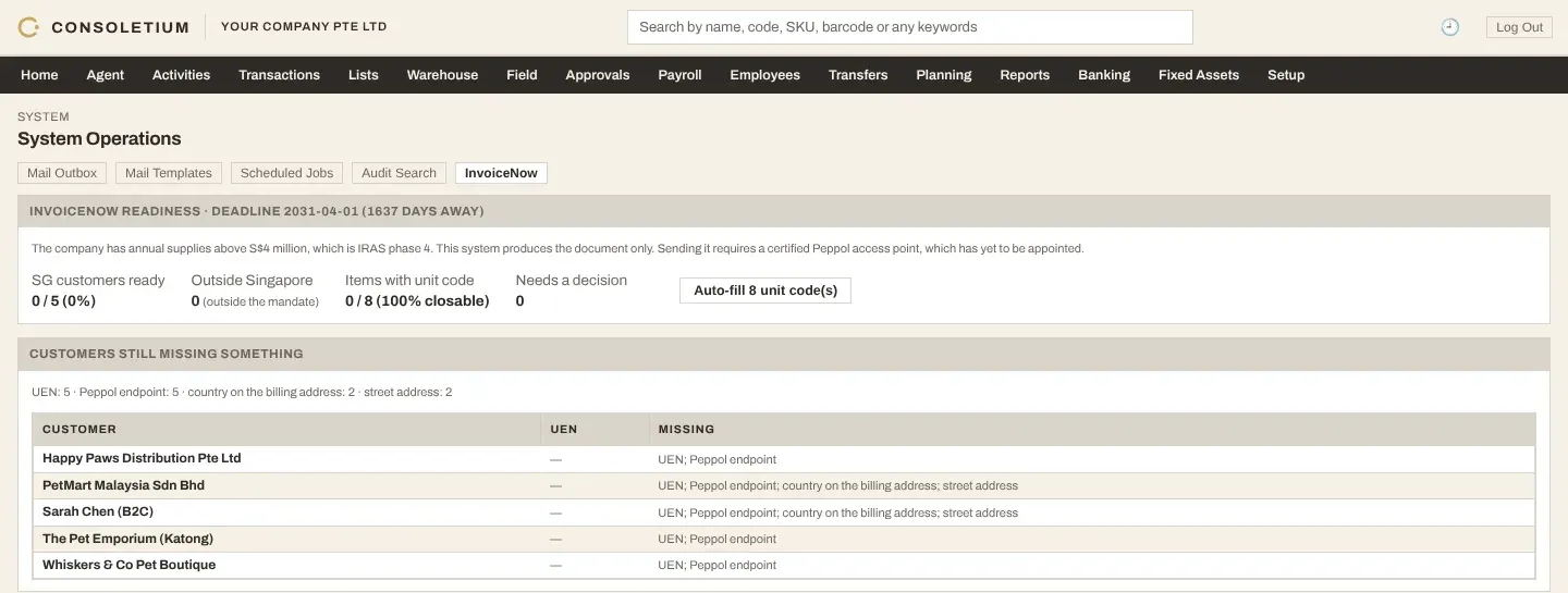 InvoiceNow readiness screen listing customers missing a UEN or Peppol endpoint and items without a unit code
