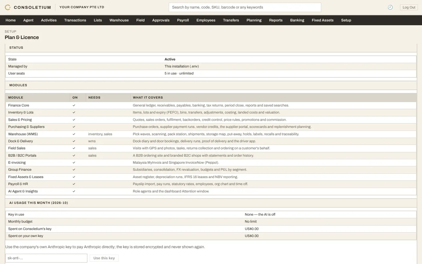 Setup › Plan & Licence screen listing modules switched on and the AI usage for the month