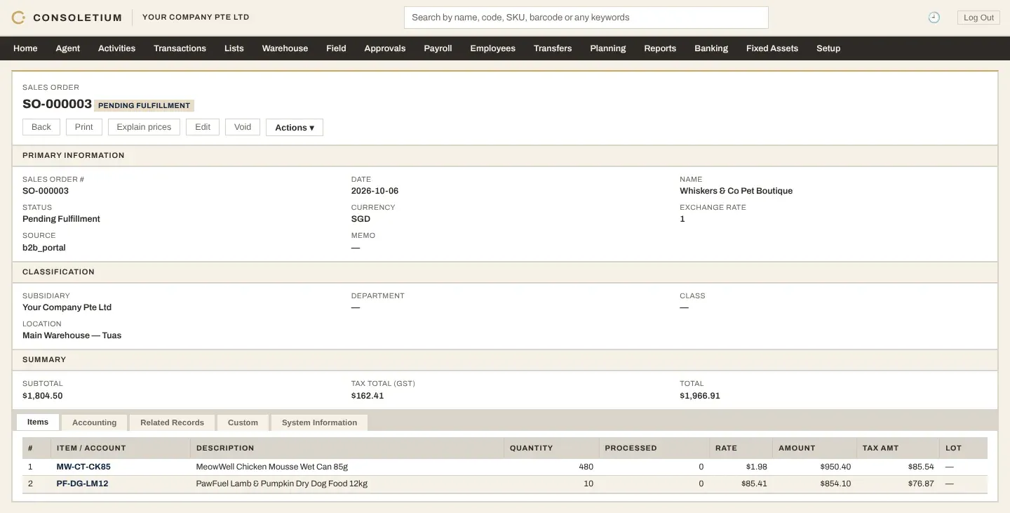 A sales order in Consoletium showing customer, currency, GST total and order lines